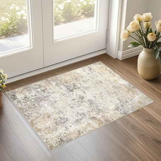 2x3 Entryway Area Rug: Washable Neutral Modern Abstract Small Rug - Non-Slip Low Pile Throw Indoor Carpet for Entrance Kitchen Front Door Mat Bathroom Entry Kids Room - Golden Grey