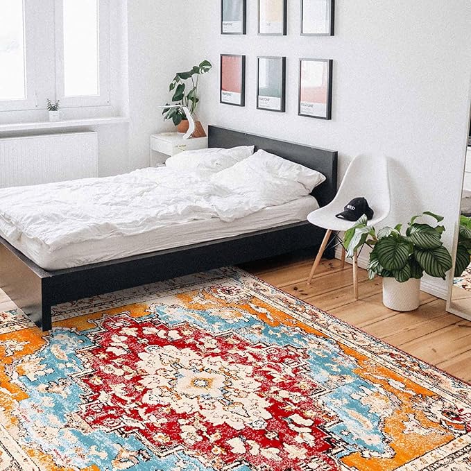 Bohemian Pattern Rectangular Area Rugs for Living Room Bedroom 3 x 5 ft Red & Orange Abstract Non-Shedding Soft Low Pile Rug Non Slip Washable Rug for Nursery Entryway Playroom
