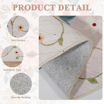 DUKINO Runner Rug, 2x7 Boho Kitchen Rug for Hallways with Low Pile Design, Washable Non Slip Backing Soft Floral Runner for Kitchen, Hallway, Entryway, Bedroom, Laundry, Beige