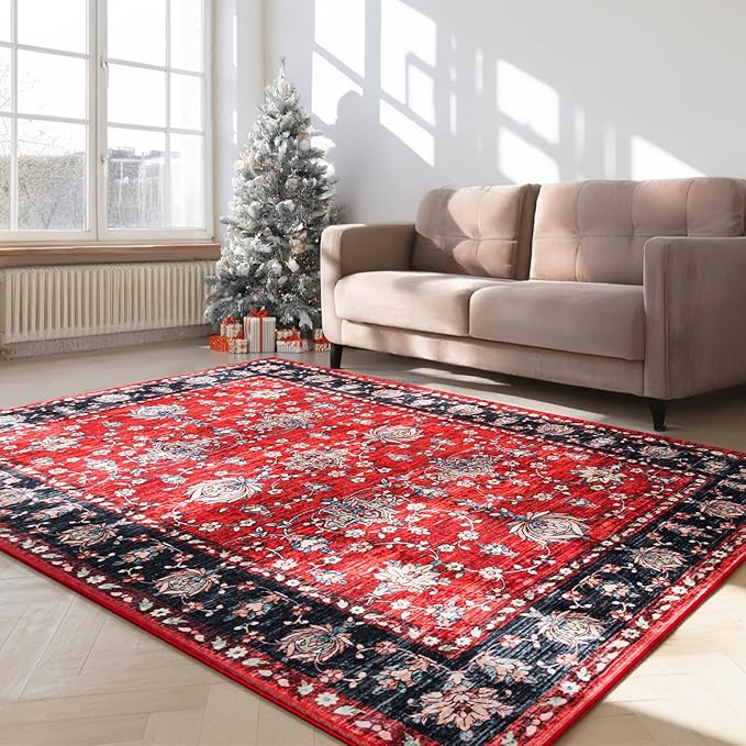 Area Rug 5x7, Washable Faux Wool Throw Rugs for Living Room, 0.3″ Non Slip Low Pile Vintage Boho Carpet for Ding Room, Home Office, Bedroom, Kids Room, Bedside (Black Red)