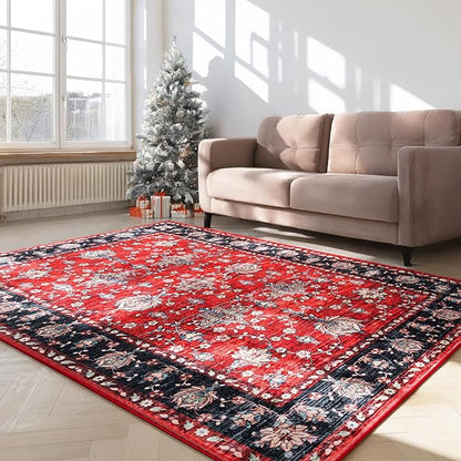Area Rug for Living Room, 8x10 Machine Washable Non Slip Large Faux Wool Throw Rug, 0.3″ Low Pile & Non-Shedding Boho Large Carpet Rugs for for Dining Room, Bedroom, Office (Black Red)