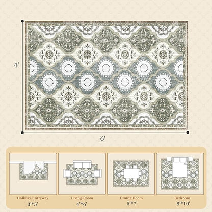 EnHomee Washable Area Rugs 4x6, Soft Area Rug for Living Room Bedroom, Boho Non Slip Low Pile Stain Resistant Washable Rug Large Carpet for Dining Room,Easy to Clean Living Room Rug, Green