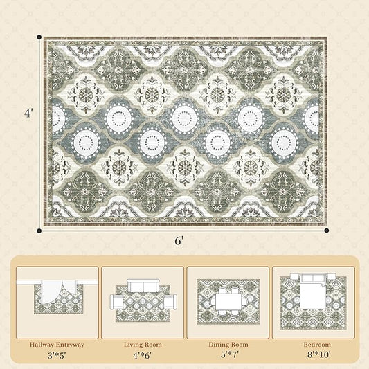 EnHomee Washable Area Rugs 4x6, Soft Area Rug for Living Room Bedroom, Boho Non Slip Low Pile Stain Resistant Washable Rug Large Carpet for Dining Room,Easy to Clean Living Room Rug, Green