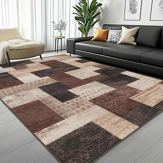 Modern Geometric Patchwork Indoor Area Rug for Living Room, Chocolate 9'x 12' Large Rug Rockwood Collection Hardwood Floors Decor for Bedroom, Brown Throw Carpet for Office Entryway Dining Room