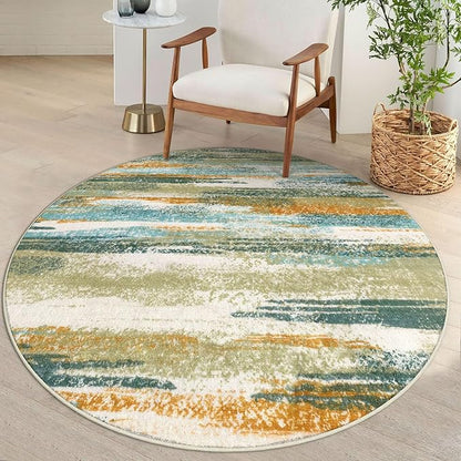 Modern Abstract Round Rug 5Ft, Green Mustard Multi Small Washable Non-Slip Circle Rug, Soft Circular Dining Room Rug Thin Print Faux Wool Carpet for Bedroom Living Room Office Playroom