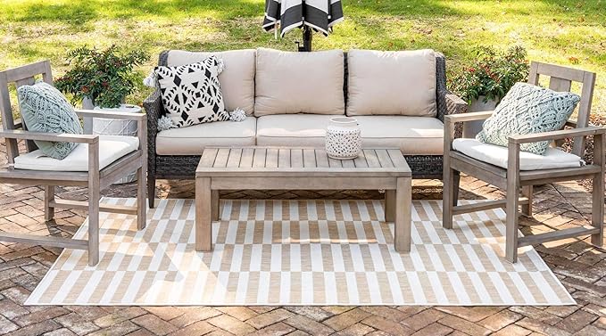 Unique Loom Outdoor Striped Collection Area Rug - Striped (6' 1" x 9' Rectangle, Taupe/Ivory)