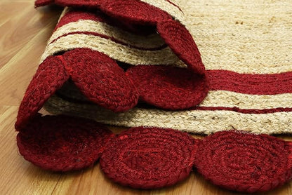 2.6x8 Oval Jute Runner – Flatweave Kilim Style, Hand Braided Natural Jute, 0.27" Thick, Solid Red Beige Handmade Boho Carpet for Hallway, Kitchen, Entryway