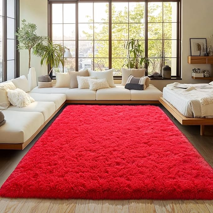 Red Fluffy Rug Plush Carpet for Bedroom Dorm, Non-Slip High Pile Rug, Shag Rug for Playroom Nursery Home Office Decor 5X7Ft