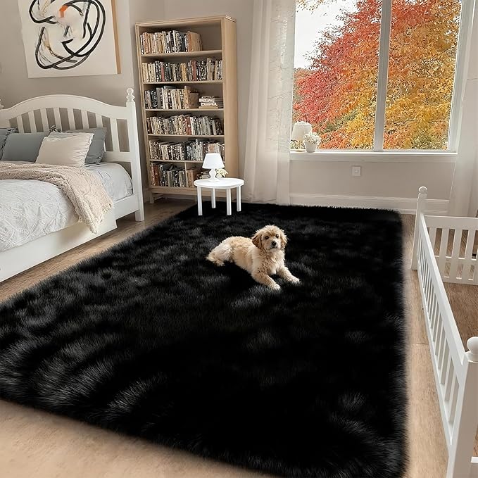 5x7 Solid Fluffy Black Area Rug – Washable, Durable,Large Living Room Rug, Non-Slip High Pile Shag Rugs for Bedroom, Bedside, Dorms, Nursery Rooms, Kids Room, Soft Indoor Floor Carpet Decor