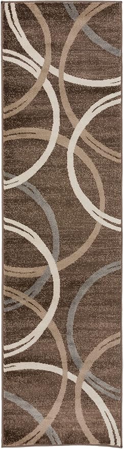 Rugshop Modern Wavy Circles Design Runner Rug, Carpet with Jute Backing for Hallway, Entryway, or Kitchen, Brown, 2'7" x 12'
