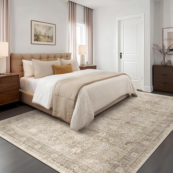 Vintage Neutral Large Area Rugs 9x12 for Living Room, Earth Tone Beige Taupe Big Room Carpet Rug for Bedroom Dining Room, Washable Rug with Rubber Backing Low Pile Thin Soft for Family Room