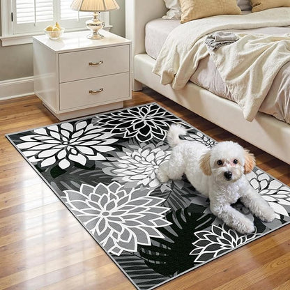 2x3 Washable Small Rug Tropical Botanical Modern Floral Indoor Chenille Door Mat Carpet Non Slip for Patio, Entry Way, Entrance, Porch, Black
