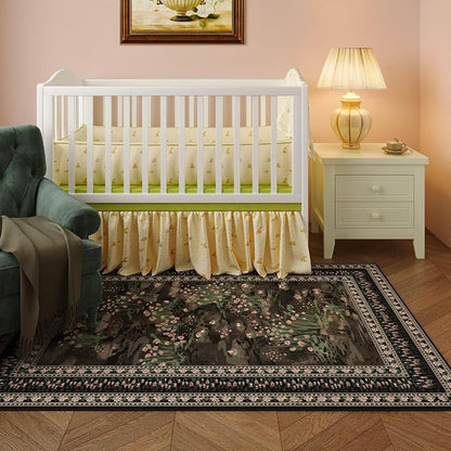 Rugcomf Area Rugs 8x10 Clearance Impressionist-Style Vintage Washable Area Rug Non Slip Low Pile Large Rug for Bedroom Farmhouse Dining Room Kids Playroom, Black