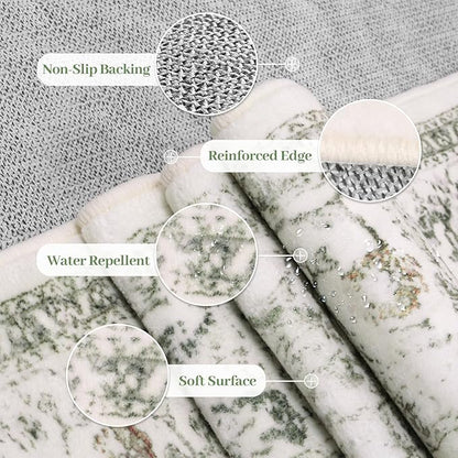 LIVEBOX Washable 9x12 Area Rugs, Large Rugs for Living Room Boho Soft Non-Slip Rug, Low-Pile Vintage Medallion Rug, Retro Indoor Carpet for Dining Room Bedroom Office Sage Green
