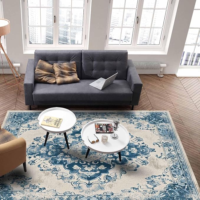 Blue Bohemian Rectangular Area Rugs for Living Room Bedroom 3 x 5 ft Vintage Farmhouse Floral Pattern Non-Shedding Soft Low Pile Rug Non Slip Washable Rug for Nursery Entryway Playroom