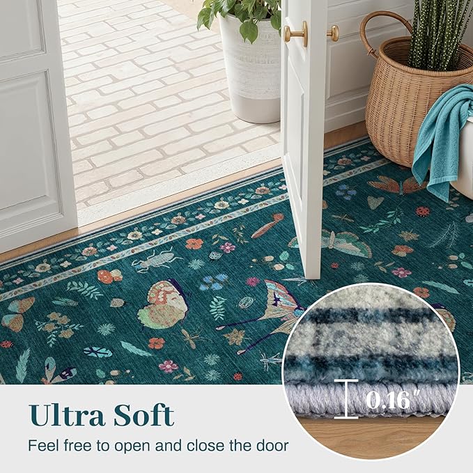 7x9 Bug Pattern Area Rug - Indoor Non-Slip Low Pile Machine Washable Insect Print Rug for Entryway, Living Room, Bedroom, Kitchen, Laundry (7'x9' Teal)