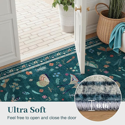 4ft Washable Round Rug - Bug Rugs for Living Room Non-Slip Low Pile Soft Ultra-Thin Machine Washable Circle Carpet for Bedroom, Entryway, Nursery, Kitchen, Home Office (4' Round Teal)