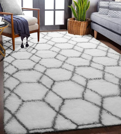 ONASAR Area Rugs for Living Room, Washable 5x8 Fluffy White and Grey Rug for Bedroom, Geometric Moroccan Indoor Shaggy Boho Soft Plush Floor Carpet for Kids Teen Nursery Dorm Home Decor Aesthetic