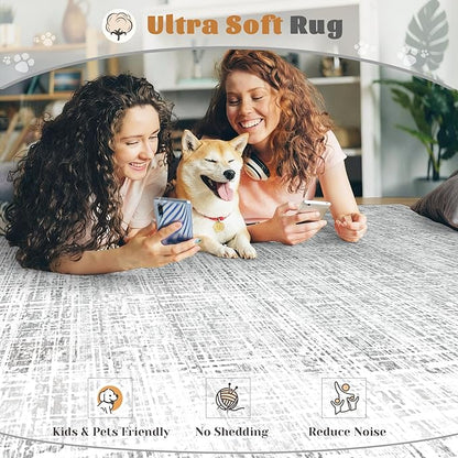 6x9 Area Rugs for Living Room, Washable Large Area Rug Neutral Modern Abstract Bedroom Rug Soft Non Slip Low Pile Stain Resistant Indoor Carpet for Nursery Kids Dining Room Office(Grey, 6'x9')