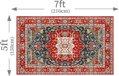 Enkor Area Soft Rugs 5x7 Washable Non Slip Boho Floor Rugs for Living Room Bedroom, Vintage Style Farmhouse Mat for Kitchen Entryway Red & Blue