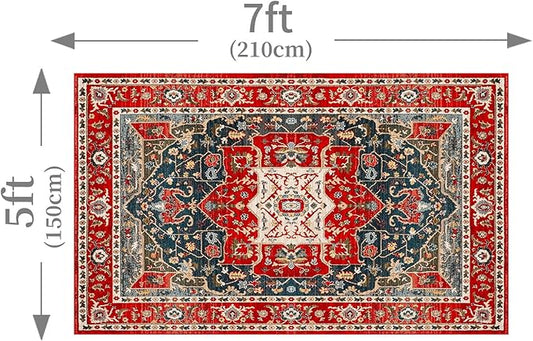Enkor Area Soft Rugs 5x7 Washable Non Slip Boho Floor Rugs for Living Room Bedroom, Vintage Style Farmhouse Mat for Kitchen Entryway Red & Blue