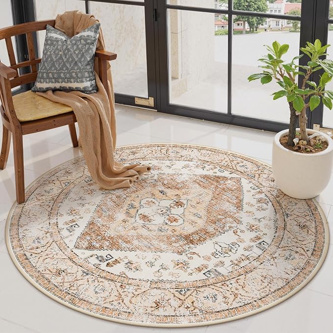 Lahome Boho Round Rug - 3Ft Washable Area Rug, Non-Slip Small Bathroom Rug, Lightweight Bedroom Throw, Oriental Distressed Print Carpet for Entryway, Sofa, Nursery, Kids Room