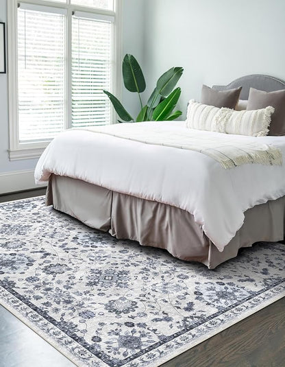vivorug 9x12 Area Rugs, Stain Resistant Washable Rug for Living Room, Floral Rug Vintage Inspired (Ivory/Blue, 9'x12')