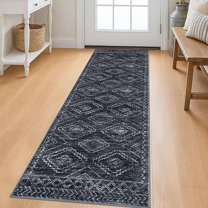 KILOCOCO Boho Kitchen Runner Rug 2x6 Washable Runner Rug, Soft Runners for Hallways Non Slip Printed Distressed Laundry Room Rug, Low-Pile Rug for Entryway/Bedroom/Living Room, Charcoal