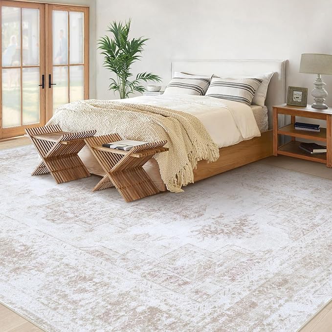 Area Rug 8x10 Living Room Rug, Machine Washable Vintage Distressed Medallion Rug Non-Slip Soft Low Pile Large Indoor Rugs for Bedroom Kitchen Dining Room Office(Beige,8'x10')