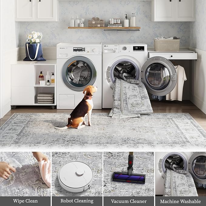 jinchan Fiora Runner Rug 3x10-2pcs Kitchen Washable Vintage Hallway Rug Floral Print Floor Cover Indoor Thin Retro Mat Accent for Bathroom Laundry Room Bedroom Office Farmhouse (Double, Grey)