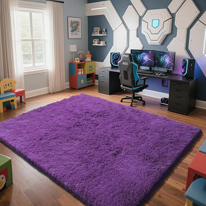 Purple Fluffy Rug Shaggy Area Rug, 8x10 Area Rugs for Girls Bedroom, Big Soft Shaggy Bedside Non-Slip Plush Dorm Nursery Kids Carpet Home Decor Aesthetic