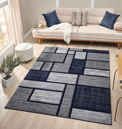 Navy Blue Geometric 8x10 Area Rug – Modern Patterned Carpet for Living Room, Bedroom, or Office – Soft Durable Floor Rug – Stylish Contemporary Design