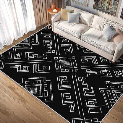 Geometric Rug, Washable 4x6 Rug for Living Room, Black and White Patterned Indoor Carpet, Modern Geometric Decor for Home, Bedroom, Soft Non Slip Thin Design FER16