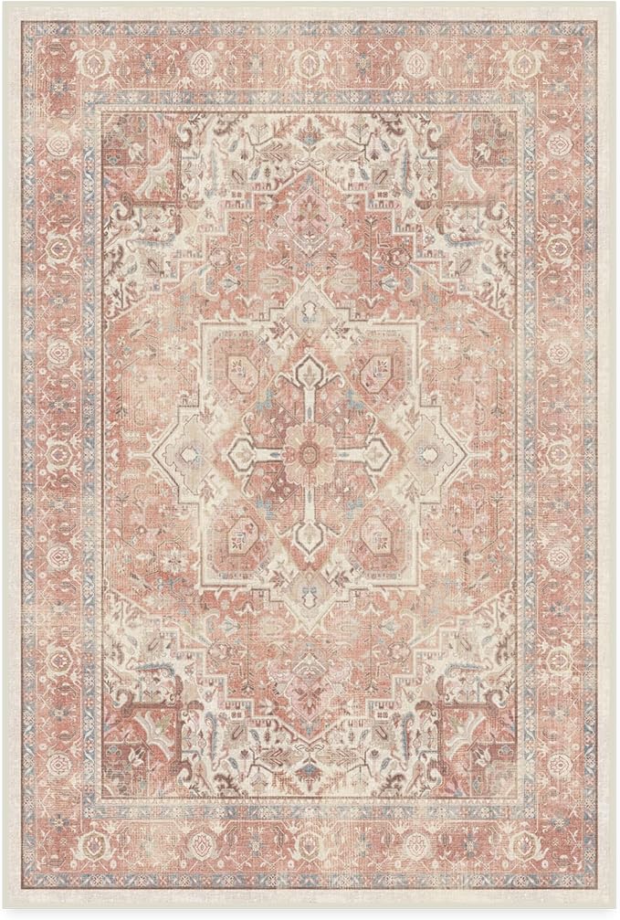 RUGGABLE Washable Area Rug – Kamran Rose Pink 4x6, Stain-Resistant, Non-Slip – Medium Machine Washable Rugs for Living Room, Bedroom, Hallway, Entryway & Office–with Standard Pad