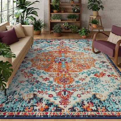 Lahome Area Rugs 9x12 Living Room Rug,Large Boho 9 x 12 Area Rugs for Living Room Washable Bedroom Rug,Boho Vintage Soft Non-Slip Printed Indoor Carpet for Dining Room Home Office(9x12ft,Orange)