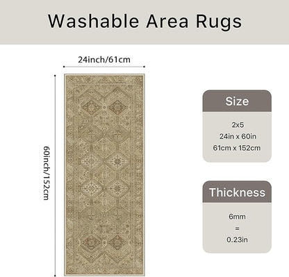 Bavni 2x5 Runner Rug Non Slip, Machine Washable Rug Runners for Hallways, Vintage Distressed Print Kitchen Runner, Low Pile Lightweight Carpet Runner for Entryway Laundry Bedroom Bathroom Nut Brown