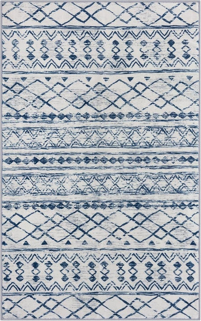 KUTA Moroccan Area Rugs, 2x3 Blue White Entryway Rug Non-Slip Washable Small Indoor Door Mat, Ultra Soft Print Vintage Distressed Geometric Low-Pile Floor Carpet for Entrance Kitchen