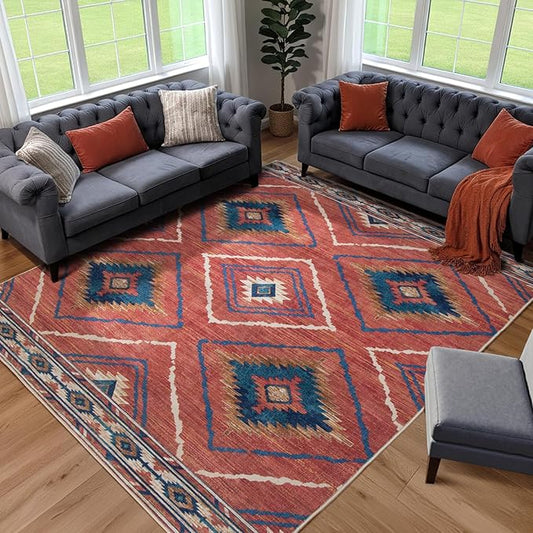 Area Rug 7x9 Rug Machine Washable Non-Slip Low Pile Print Pattern Western Rug for Living Room Bedroom Entryway Tribal Series-Red/Orange
