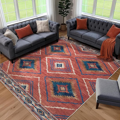 Area Rug 8x10 Rug Machine Washable Non-Slip Low Pile Print Pattern Western Rug for Living Room Bedroom Entryway Tribal Series -Red/Orange