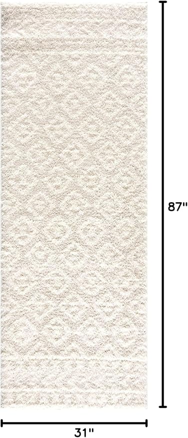 Hauteloom Tilos Moroccan Farmhouse Hallway, Entryway Shag Runner Rug - Shaggy Long Runner Rug - Trellis Pattern - High Plush Pile - Cream, Pink, Beige - 2'7" x 7'3"