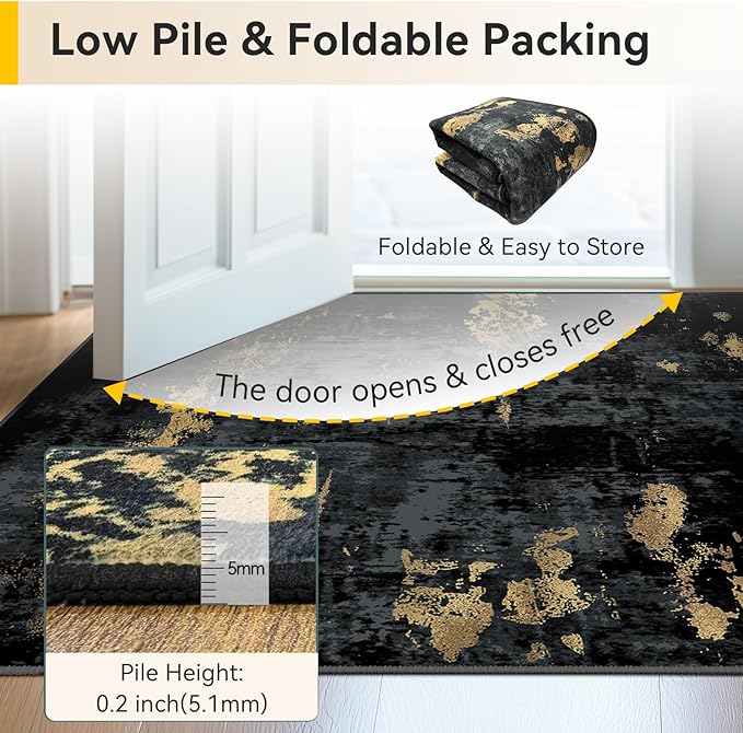 Washable Area Rugs 6'x8' Non-Slip Modern Abstract Soft for Living Room Entryway Bedroom Nursery, Print Pattern, Dark Black Gold