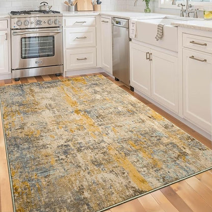 Area Rug 4x6 Beige Rug Washable Boho Rugs Non Slip Low Pile Abstract Small Carpet for Entryway, Bedroom, Kitchen, Classroom, Kids Room, Office, Dorm, Dining Room Light Tan