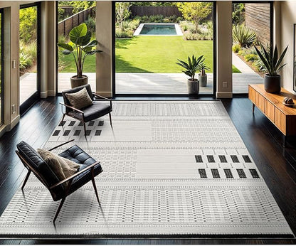 CAMILSON Modern Rug 8x10 Luxury Geometric Pattern Micro Loop Area Rugs Soft High and Low Pile Stain Resistant Easy to Clean Non-Shedding Durable Living Room Bedroom Indoor Carpet (White/Black)