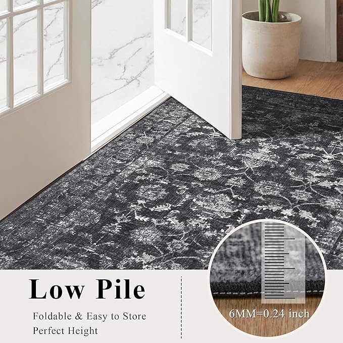 Washable Area Rug 6x9 Black Rugs for Living Room, Vintage Boho Large Rug for Bedroom Dining Room Office, Distressed Floral Print Carpet for Under Table, Soft Non Slip Low Pile Throw Carpet Indoor Mat