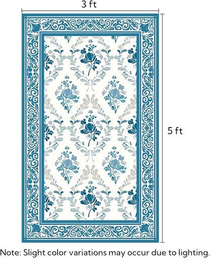 SOULFUL Medium Pile 3x5 Area Rug - Soft Underfoot Small Entryway Rug - Blue Boho Floral - Washable Non-Slip - Perfect for Living Room Bedroom Foot Kids Room Reading Nook