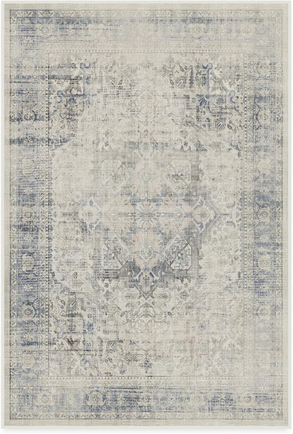 RUGGABLE Washable Vintage Area Rug – Kamran Blue Quartz 4x6, Stain-Resistant, Non-Slip – Medium Machine Washable Rugs for Living Room, Bedroom, Hallway, Entryway & Office–with Cushioned Pad