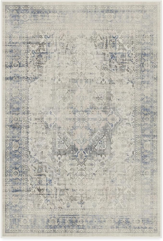 RUGGABLE Washable Vintage Area Rug – Kamran Blue Quartz 4x6, Stain-Resistant, Non-Slip – Medium Machine Washable Rugs for Living Room, Bedroom, Hallway, Entryway & Office–with Cushioned Pad