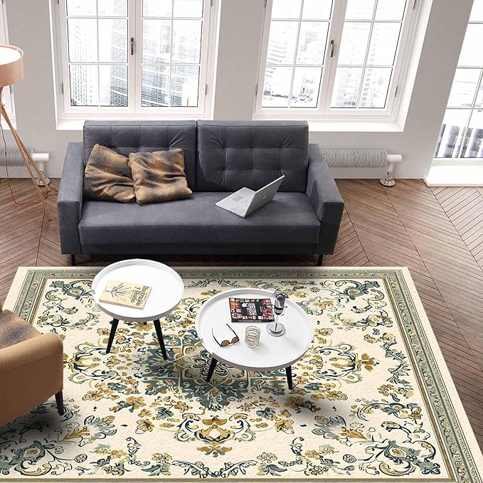 Bohemian Rectangular Area Rugs for Living Room Bedroom 5 x 8 ft Vintage Farmhouse Floral Pattern Non-Shedding Soft Low Pile Rug Non Slip Washable Rug for Nursery Entryway Playroom