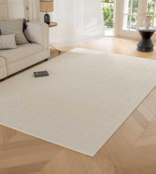 jxgzyy Beige Area Rug, 0.36'' Thick Low Pile Textured Rug, Modern Aesthetic Solid Carpet for High Traffic Area, Stain-Resistant Kitchen Rug with Non-Slip Backing, 5x7