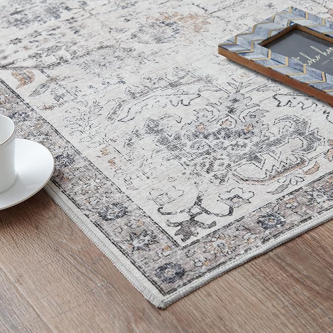 jinchan Kalen Runner Rug 2x7 Washable Hallway Rug Vintage Indoor Thin Retro Floor Cover Distressed Gray Floral Country Lightweight Non Slip Carpet for Entryway Bathroom Bedroom Living Room Grey